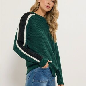 Zara Dark Green Crewneck Sweater with Black and White Sleeve Stripes